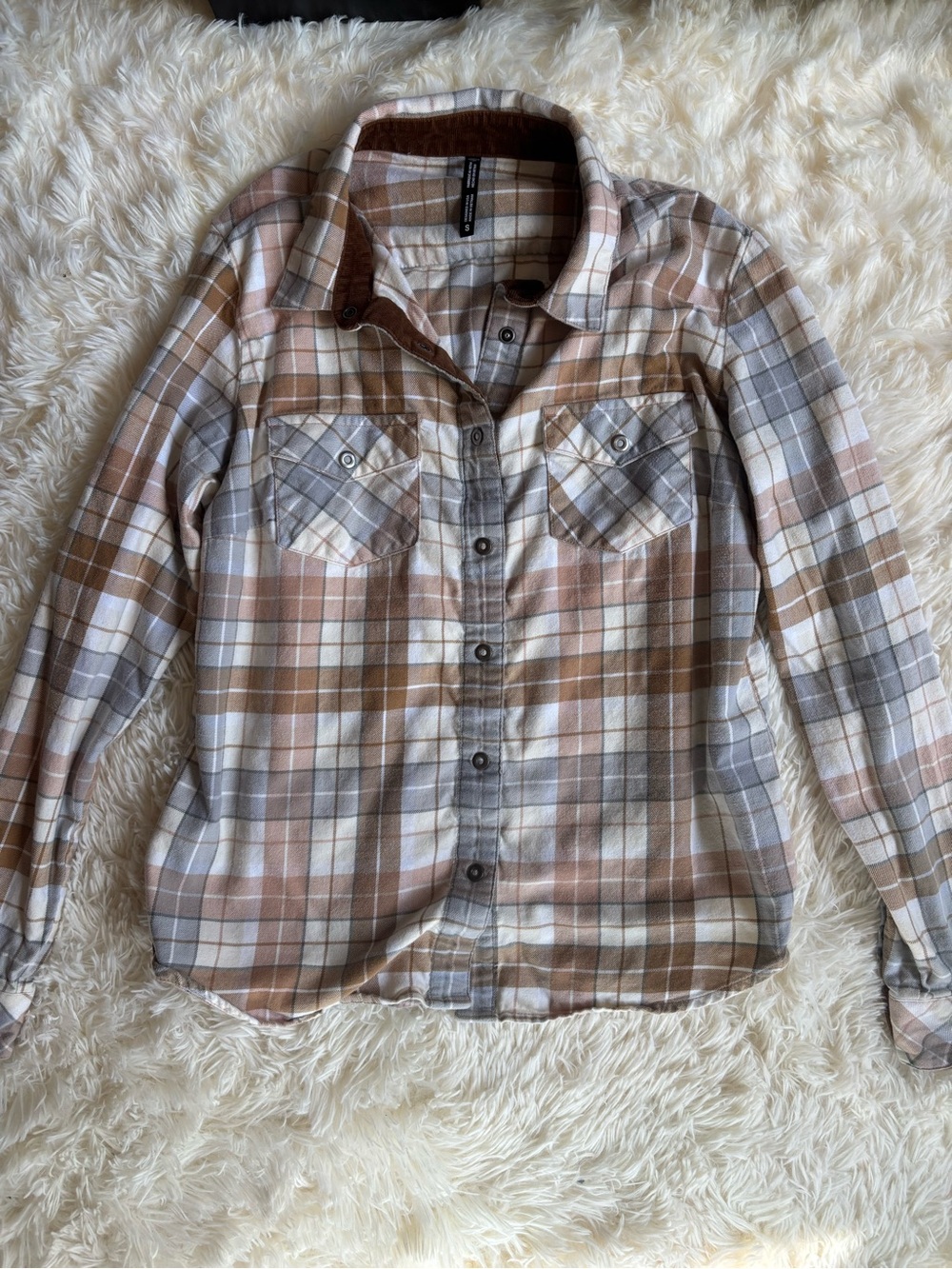 KUHL Plaid Flannel Snap Shirt Corduroy Trim Cream Tan Gray Western Size S
